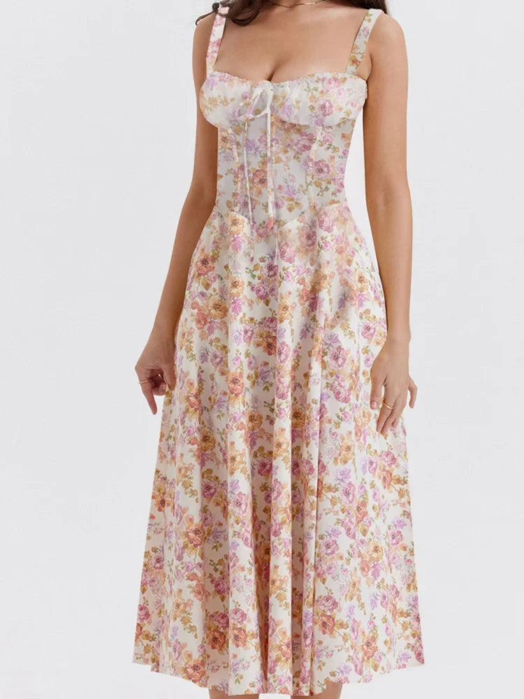 Ruffled Sweetheart Tie Front Floral Print Princess Seam Midi Dress