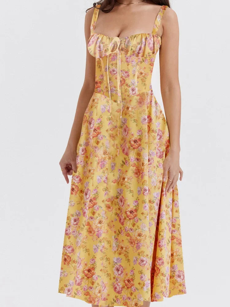 Ruffled Sweetheart Tie Front Floral Print Princess Seam Midi Dress