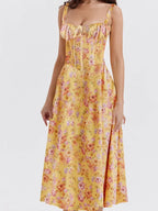 Ruffled Sweetheart Tie Front Floral Print Princess Seam Midi Dress