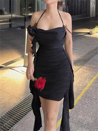 Halter Neck Cowl Drape 3D Rosette Ruched Side Panel Bodycon Mini Dress