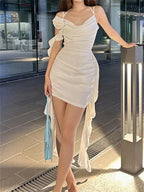 Halter Neck Cowl Drape 3D Rosette Ruched Side Panel Bodycon Mini Dress
