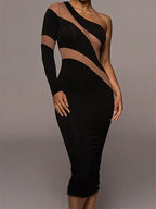 One Shoulder Mesh Panel Curved Cut Out Long Sleeve Bodycon Midi Dress