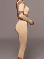 One Shoulder Mesh Panel Curved Cut Out Long Sleeve Bodycon Midi Dress