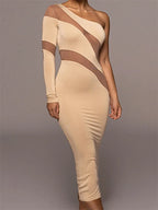 One Shoulder Mesh Panel Curved Cut Out Long Sleeve Bodycon Midi Dress