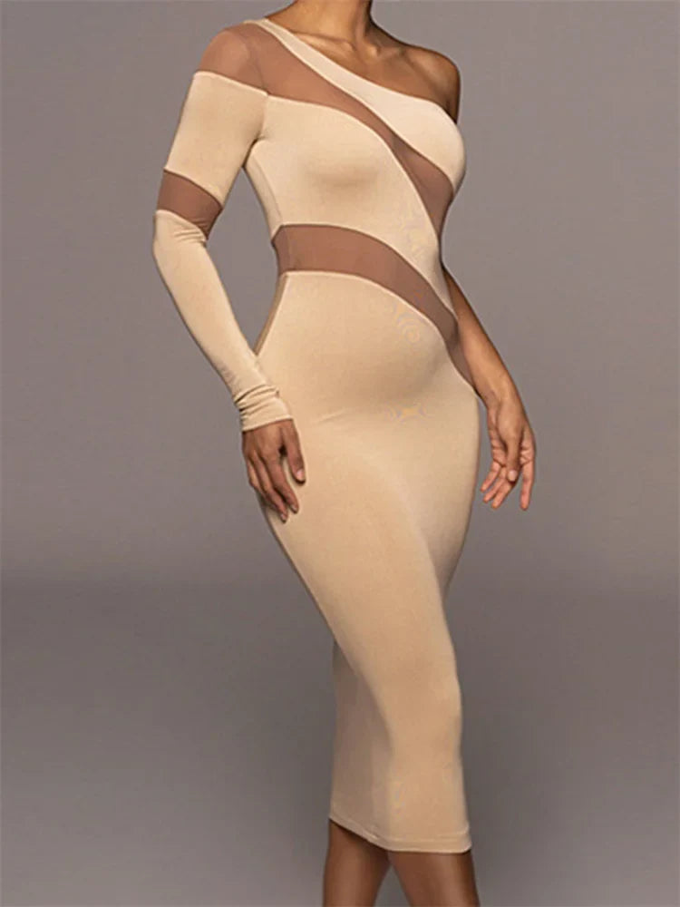 One Shoulder Mesh Panel Curved Cut Out Long Sleeve Bodycon Midi Dress