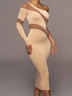 One Shoulder Mesh Panel Curved Cut Out Long Sleeve Bodycon Midi Dress