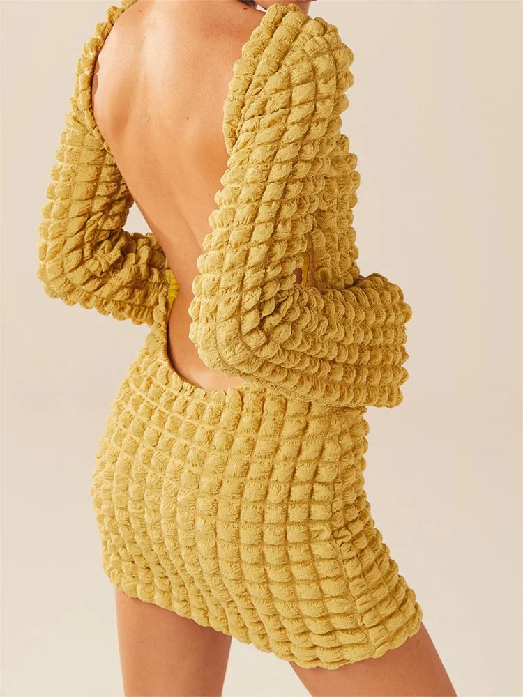 Popcorn Texture Crew Neck Long Sleeve Bodycon Mini Dress