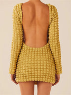 Popcorn Texture Crew Neck Long Sleeve Bodycon Mini Dress