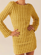 Popcorn Texture Crew Neck Long Sleeve Bodycon Mini Dress