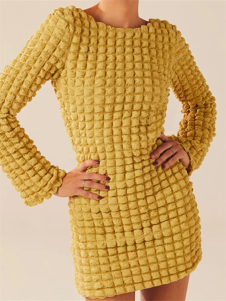 Popcorn Texture Crew Neck Long Sleeve Bodycon Mini Dress