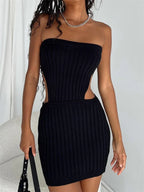 Ribbed Knit Side Cut Out Strapless Tube Bodycon Mini Dress