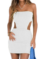 Ribbed Knit Side Cut Out Strapless Tube Bodycon Mini Dress