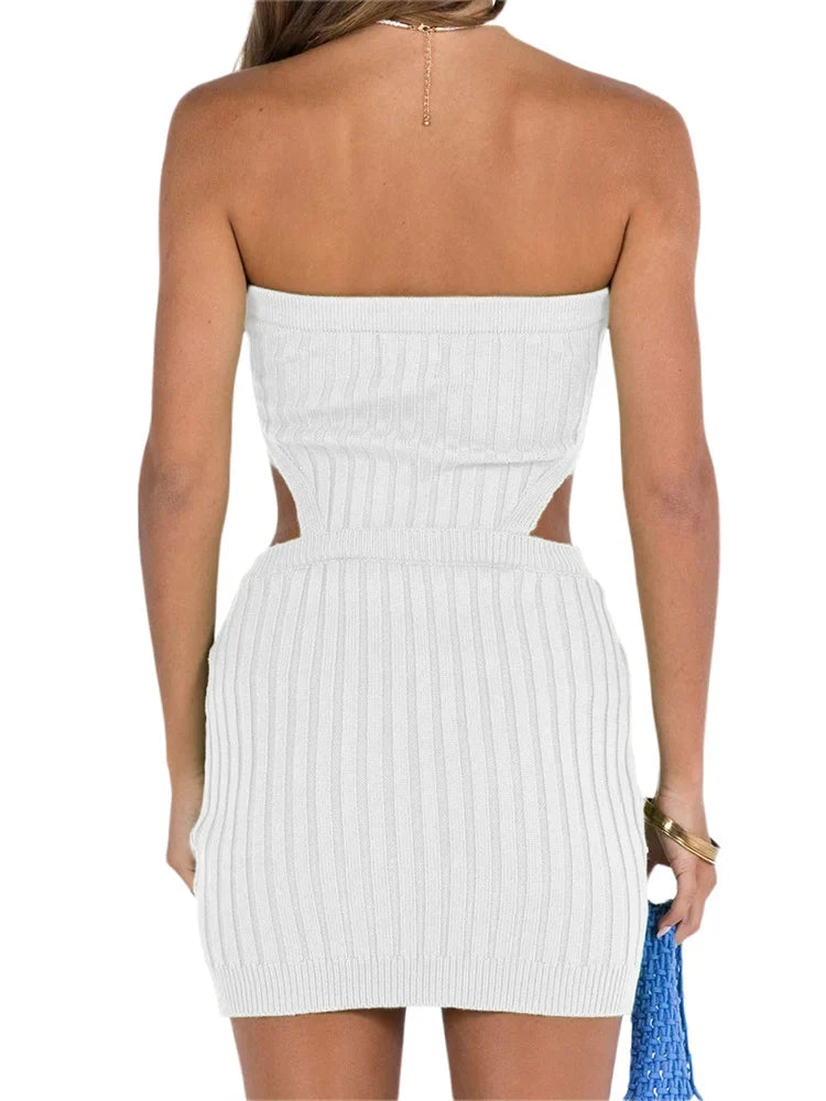 Ribbed Knit Side Cut Out Strapless Tube Bodycon Mini Dress