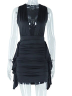 Deep V-Neck Ruched Bodice Cascading Side Ruffle Bodycon Mini Dress