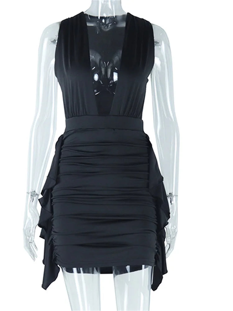 Deep V-Neck Ruched Bodice Cascading Side Ruffle Bodycon Mini Dress