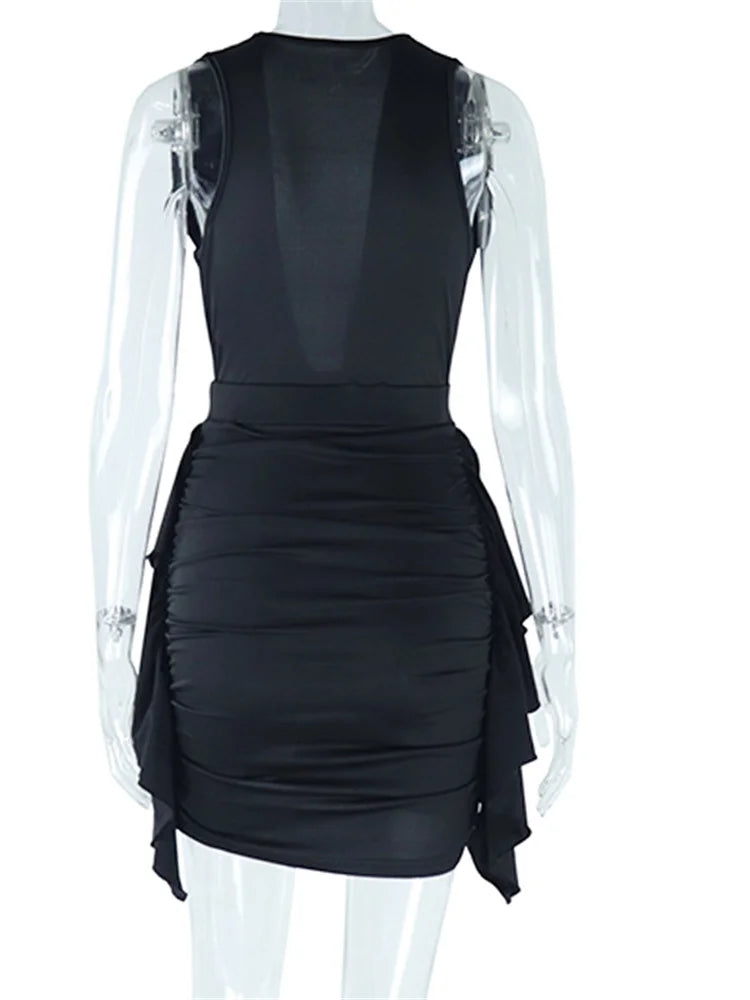 Deep V-Neck Ruched Bodice Cascading Side Ruffle Bodycon Mini Dress