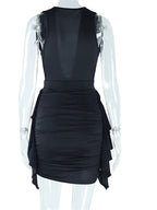 Deep V-Neck Ruched Bodice Cascading Side Ruffle Bodycon Mini Dress