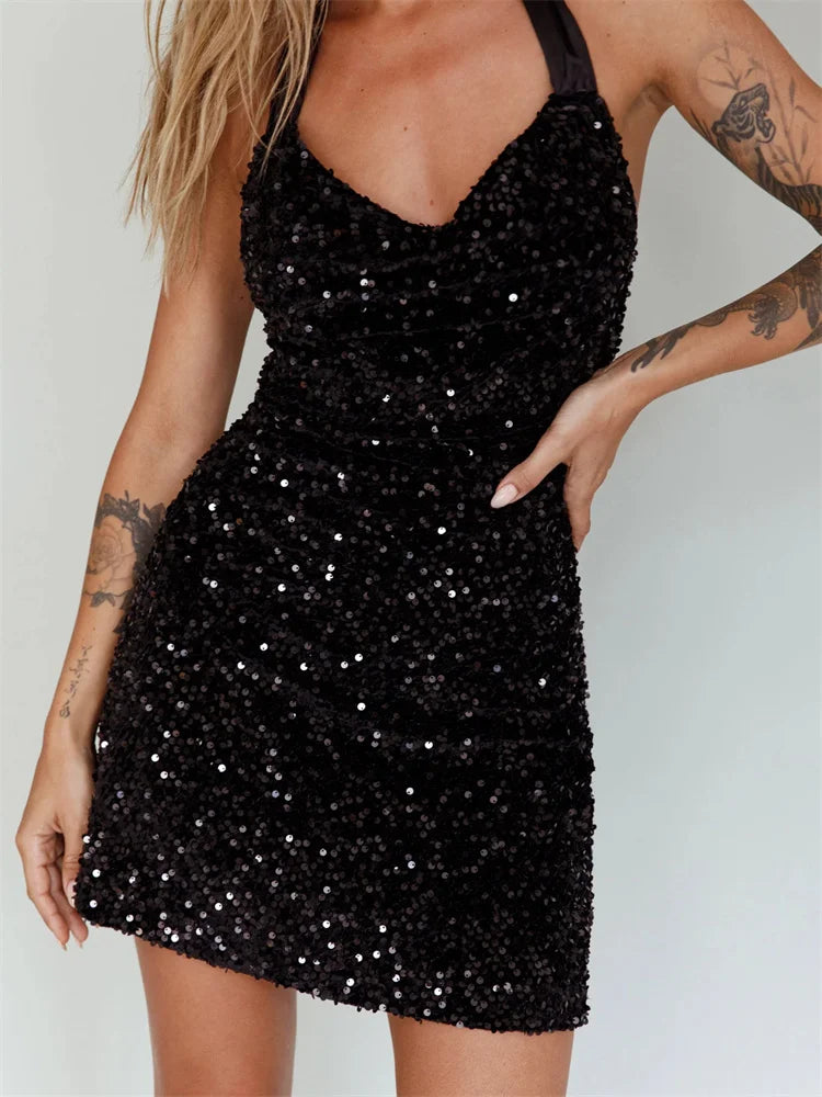 Sequin Halter Cowl Neck Bodycon Mini Dress