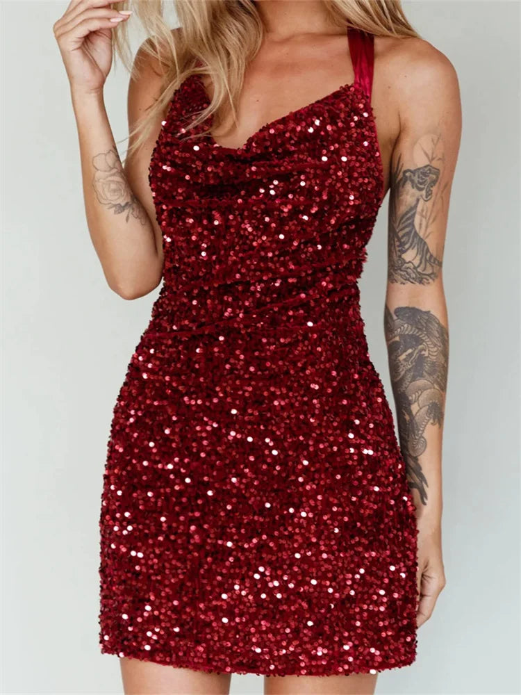 Sequin Halter Cowl Neck Bodycon Mini Dress