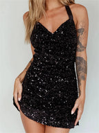 Sequin Halter Cowl Neck Bodycon Mini Dress