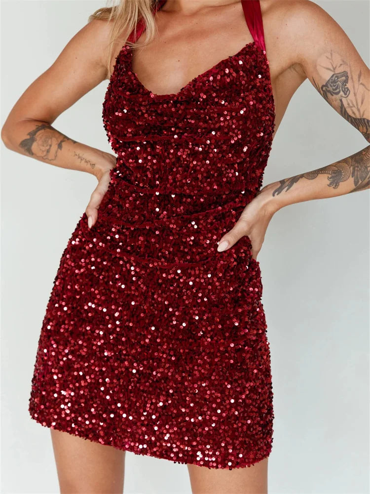 Sequin Halter Cowl Neck Bodycon Mini Dress