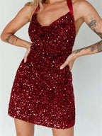 Sequin Halter Cowl Neck Bodycon Mini Dress