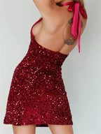 Sequin Halter Cowl Neck Bodycon Mini Dress