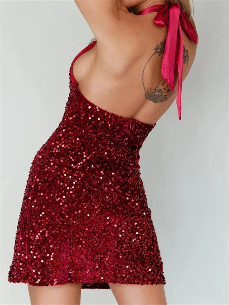 Sequin Halter Cowl Neck Bodycon Mini Dress