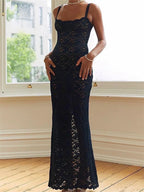 Spaghetti Strap Floral Lace Scoop Neck Scalloped Trim Bodycon Maxi Dress