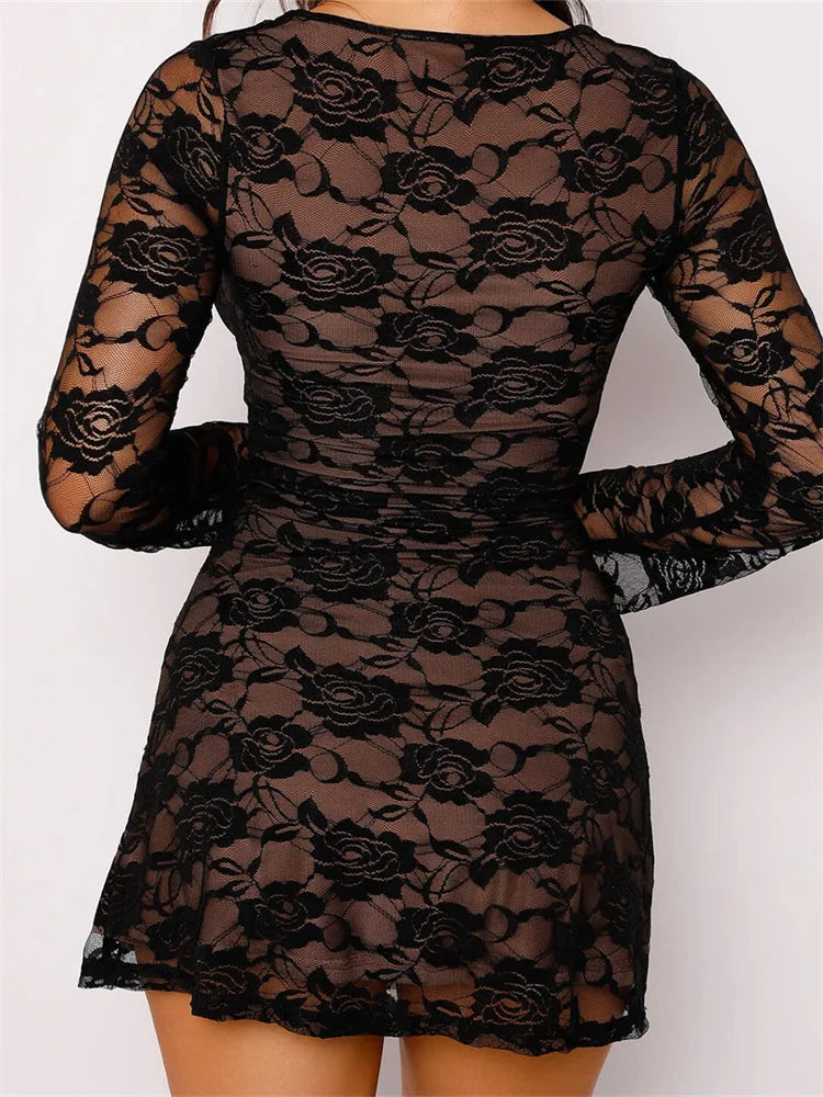 Plunging Sweetheart Floral Lace Long Sleeve Mesh Lined Bodycon Mini Dress