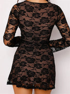 Plunging Sweetheart Floral Lace Long Sleeve Mesh Lined Bodycon Mini Dress