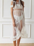 Cold Shoulder Lace Bow Trim Sheer Mesh Tiered Ruffled Midi Dress