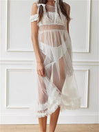 Cold Shoulder Lace Bow Trim Sheer Mesh Tiered Ruffled Midi Dress