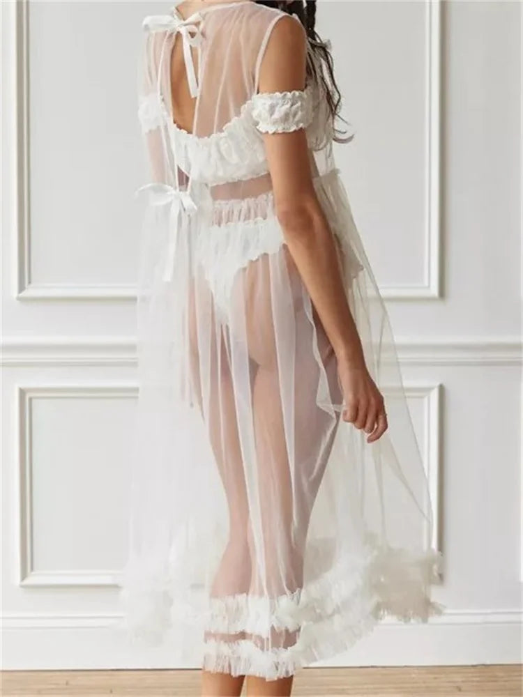 Cold Shoulder Lace Bow Trim Sheer Mesh Tiered Ruffled Midi Dress