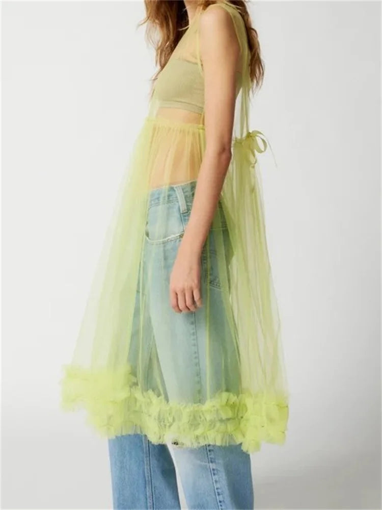 Cold Shoulder Lace Bow Trim Sheer Mesh Tiered Ruffled Midi Dress