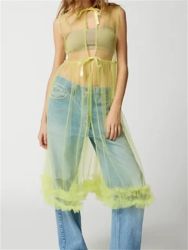 Cold Shoulder Lace Bow Trim Sheer Mesh Tiered Ruffled Midi Dress