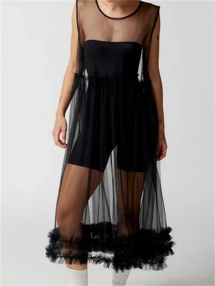Cold Shoulder Lace Bow Trim Sheer Mesh Tiered Ruffled Midi Dress