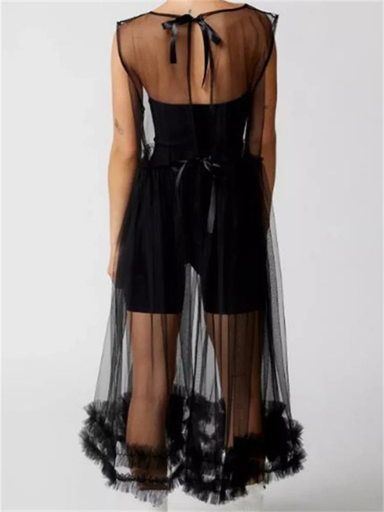 Cold Shoulder Lace Bow Trim Sheer Mesh Tiered Ruffled Midi Dress