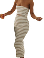 Strapless Ribbed Knit Striped Cutout Bodycon Midi Dress