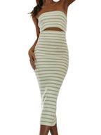 Strapless Ribbed Knit Striped Cutout Bodycon Midi Dress