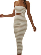 Strapless Ribbed Knit Striped Cutout Bodycon Midi Dress