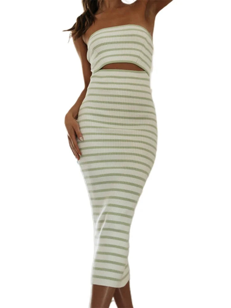 Strapless Ribbed Knit Striped Cutout Bodycon Midi Dress
