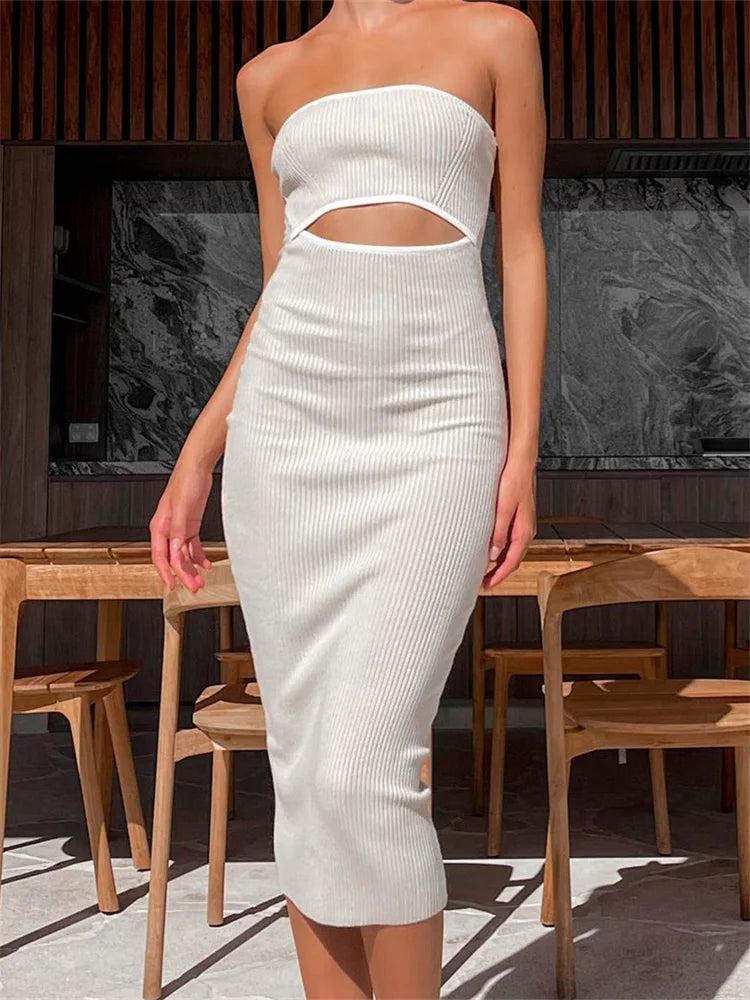 Strapless Ribbed Knit Striped Cutout Bodycon Midi Dress