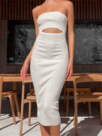 Strapless Ribbed Knit Striped Cutout Bodycon Midi Dress