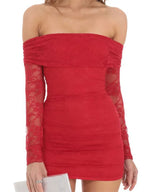 Off Shoulder Ruched Floral Lace Long Sleeve Bodycon Mini Dress