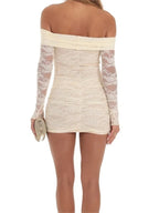 Off Shoulder Ruched Floral Lace Long Sleeve Bodycon Mini Dress