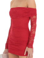 Off Shoulder Ruched Floral Lace Long Sleeve Bodycon Mini Dress