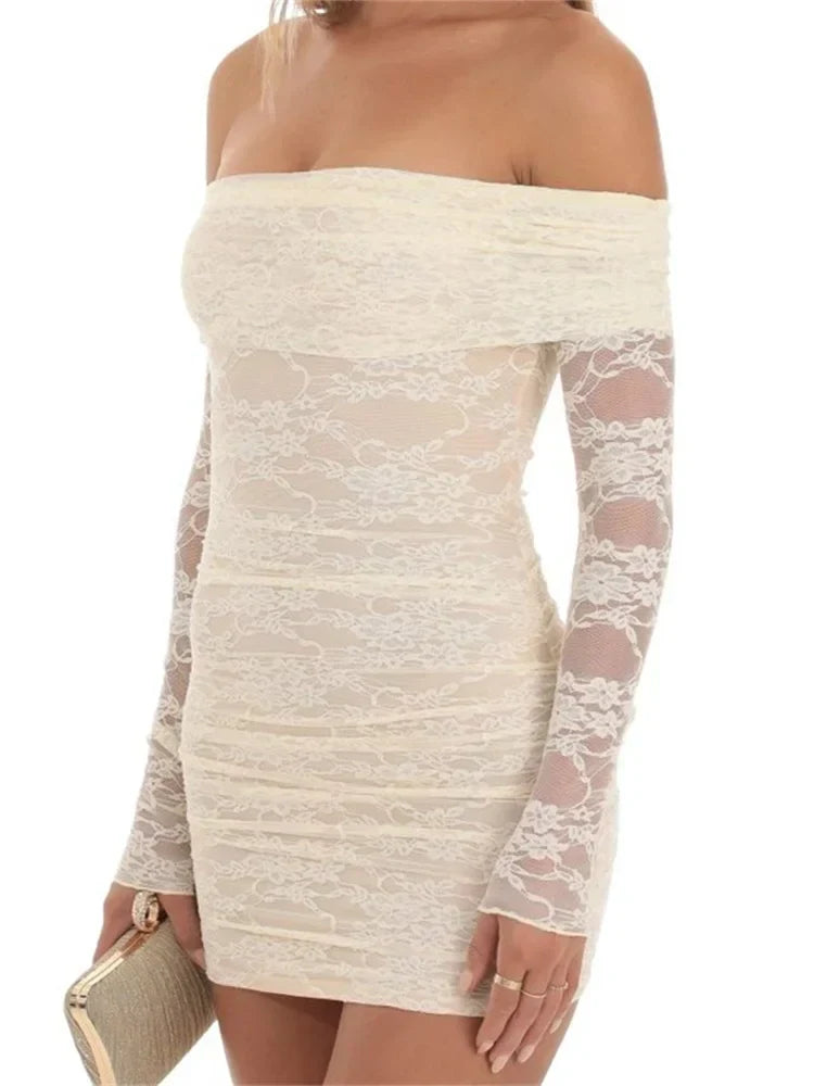 Off Shoulder Ruched Floral Lace Long Sleeve Bodycon Mini Dress