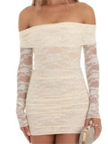 Off Shoulder Ruched Floral Lace Long Sleeve Bodycon Mini Dress