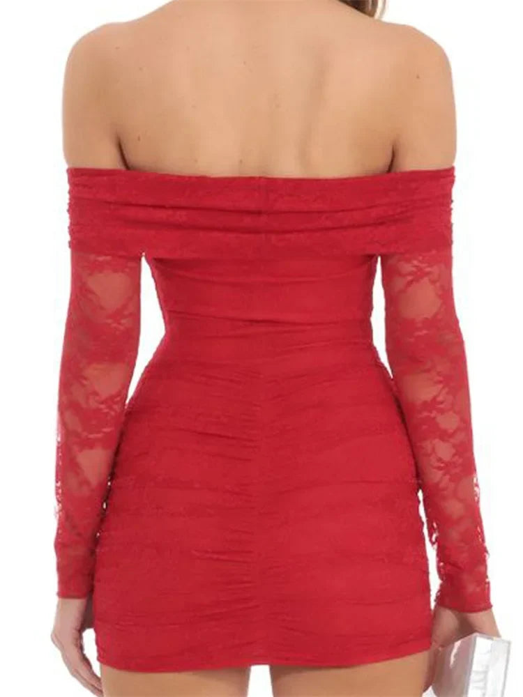 Off Shoulder Ruched Floral Lace Long Sleeve Bodycon Mini Dress